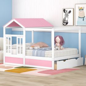 Full Size House Bed with Roof; Window and Drawer - Pink + White