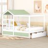 Full Size House Bed with Roof; Window and Drawer - Green + White