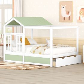 Full Size House Bed with Roof; Window and Drawer - Green + White