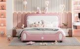 Full size Upholstered Rabbit-Shape Princess Bed ,Full Size Platform Bed with Headboard and Footboard,White+Pink