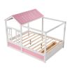 Full Size House Bed with Roof; Window and Drawer - Pink + White