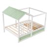 Full Size House Bed with Roof; Window and Drawer - Green + White
