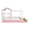 Full Size House Bed with Roof; Window and Drawer - Pink + White