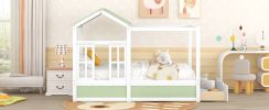 Full Size House Bed with Roof; Window and Drawer - Green + White
