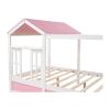 Full Size House Bed with Roof; Window and Drawer - Pink + White