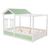 Full Size House Bed with Roof; Window and Drawer - Green + White