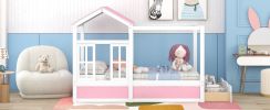 Full Size House Bed with Roof; Window and Drawer - Pink + White