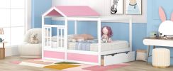 Full Size House Bed with Roof; Window and Drawer - Pink + White