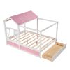 Full Size House Bed with Roof; Window and Drawer - Pink + White