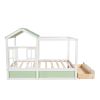 Full Size House Bed with Roof; Window and Drawer - Green + White