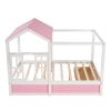 Full Size House Bed with Roof; Window and Drawer - Pink + White