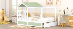 Full Size House Bed with Roof; Window and Drawer - Green + White