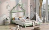 Full Size Wood Platform Bed with House-shaped Headboard (Green)