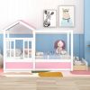 Full Size House Bed with Roof; Window and Drawer - Pink + White