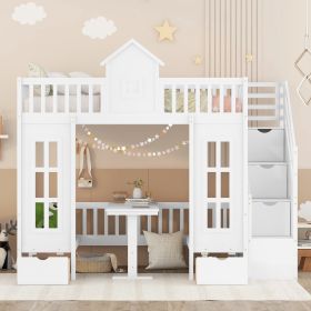 Twin-Over-Twin Bunk Bed with Changeable Table ;  Bunk Bed Turn into Upper Bed and Down Desk with 2 Drawers (Color: White)