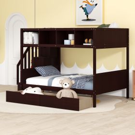 Twin over Full Bunk Bed with Shelfs;  Storage Staircase and 2 Drawers (Color: Espresso)