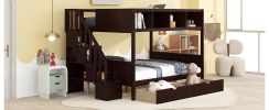 Twin over Full Bunk Bed with Shelfs;  Storage Staircase and 2 Drawers